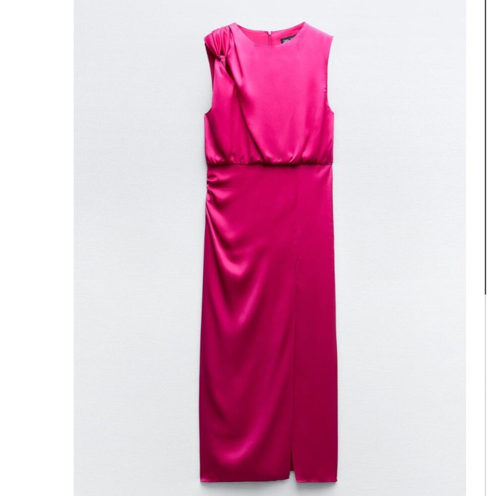 ZARA FUSCHIA KNOTTED SHOULDER SATIN EFFECT DRESS - MEDIUM - NWT